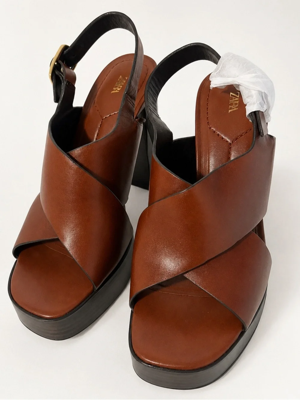 ZARA Women's Brown Leather Platform Slingback Heeled Sandals NWT 7.5